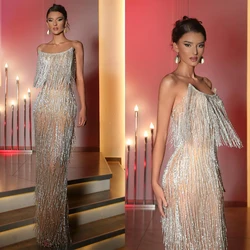 Sparkly Sequins Tassel Mermaid Evening Dresses Strapless Prom Gowns Illusion Sleeveless Party Dress Custom Made