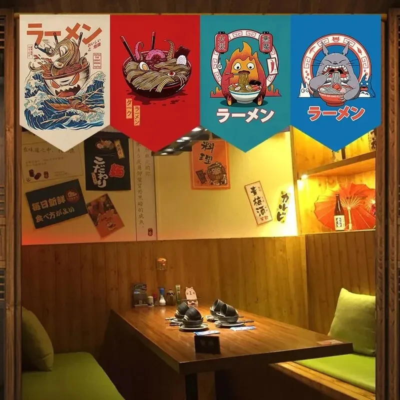 VIKAMA Japanese Ramen Triangular Valance Curtain Cartoon Food Print Fabric Short Curtain for Izakaya Restaurant Window Decor
