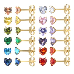 12 Pairs Gold Plated Surgical Stainless Steel Stud Earring,Heart Cubic Zirconia Birthstone Stud Earrings Set for Women Girls