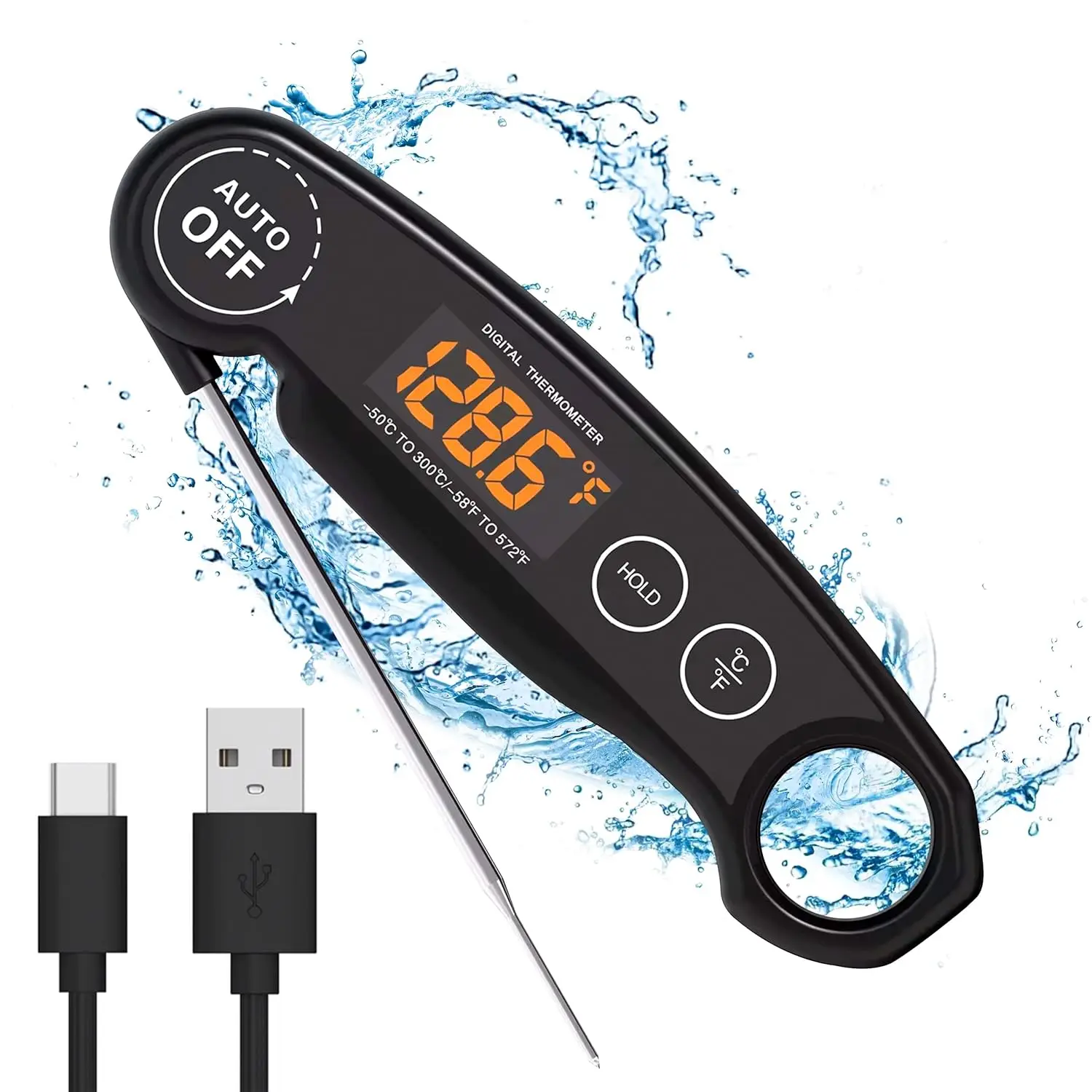 Instant Read Food Thermometer, Rechargeable Digital Kitchen Thermometer for Cooking, Grill, BBQ, Waterproof