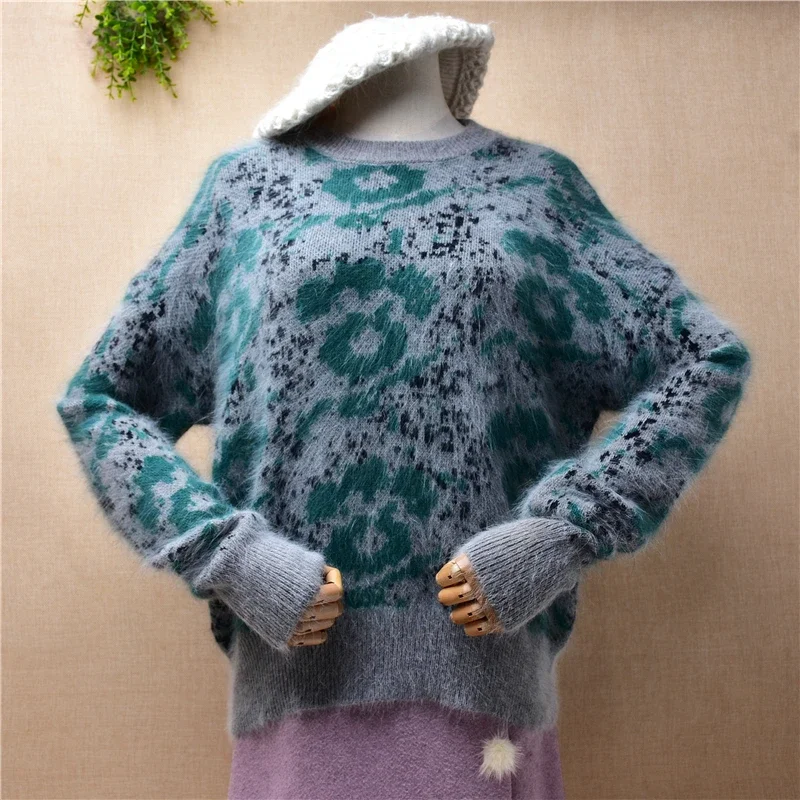 04 Ladies Women Fall Winter Clothing Printing flower Hairy Soft Angora Rabbit Fur Knitted O-Neck Loose Pullover Sweater Jumper