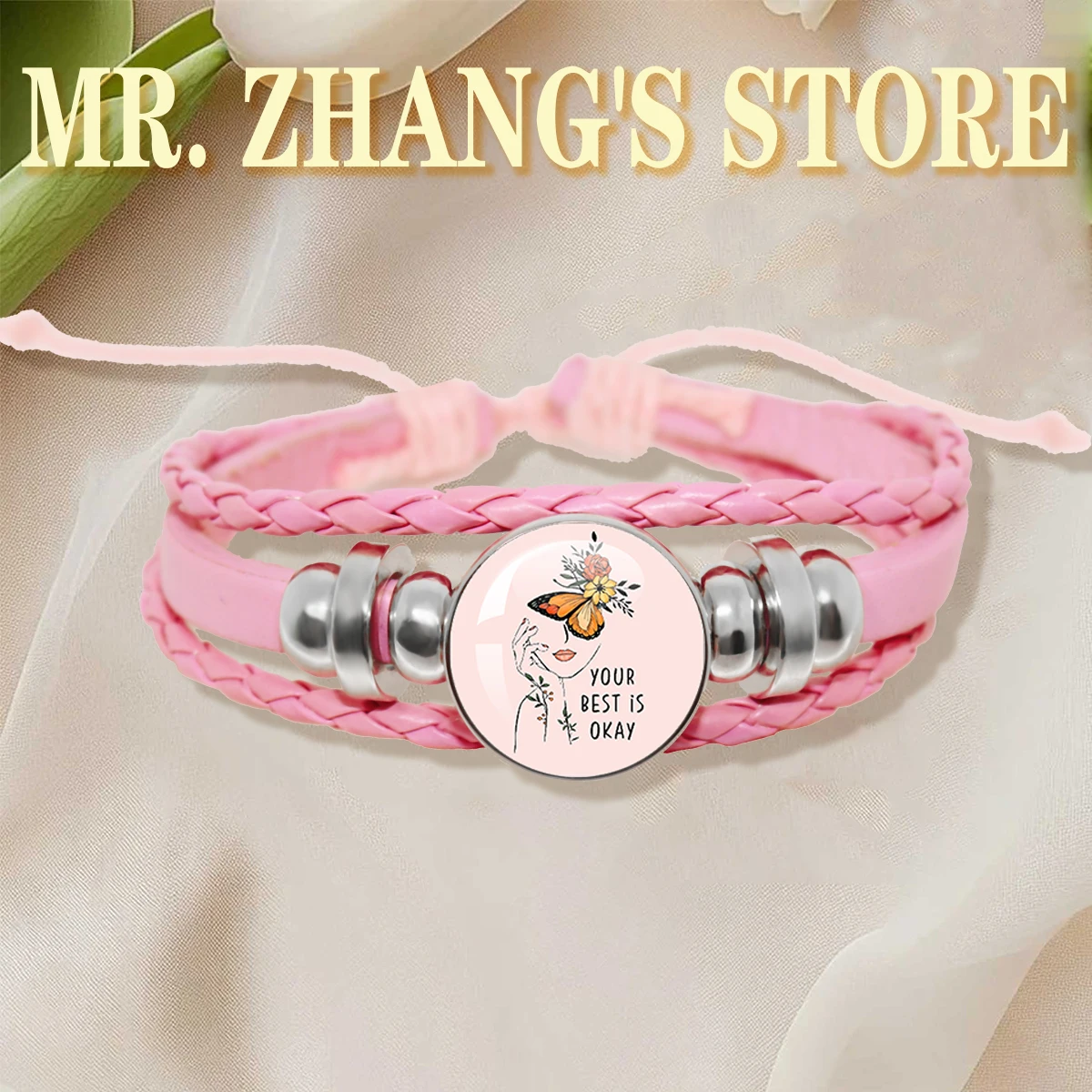Be Kind To Your Mind Multi Layer Pink Leather Rope Bracelet 18MM Glass Cabochon Mental Health Matters Gift