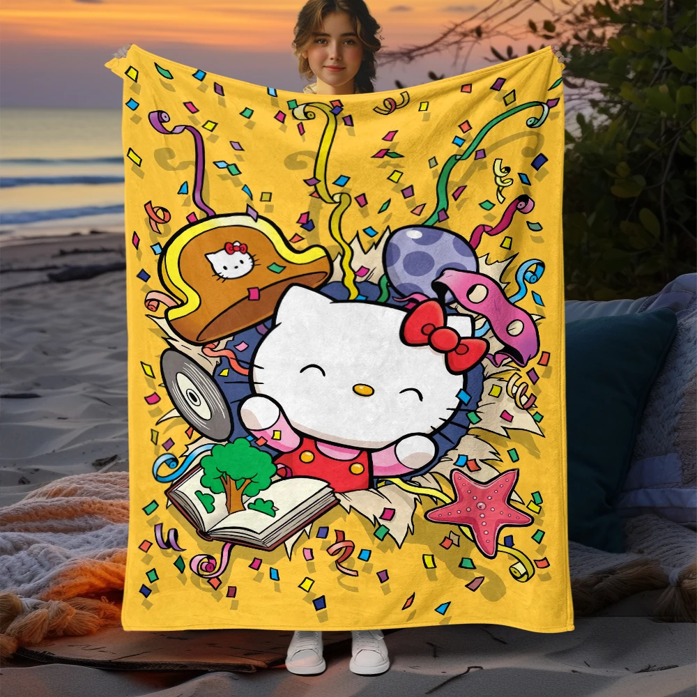 Cartoon Hello Kitty Sanrio Print Blanket Large Sofa Soft Warm Flannel Throw Blanket Bedroom,Camping,Outdoors,Picnic blankets.