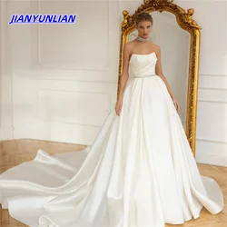 Customized Vintage Satin Wedding Dresses Pleated Off Shoulder Square Collar A-Line Bridal Gowns Backless Princess Bride Dress