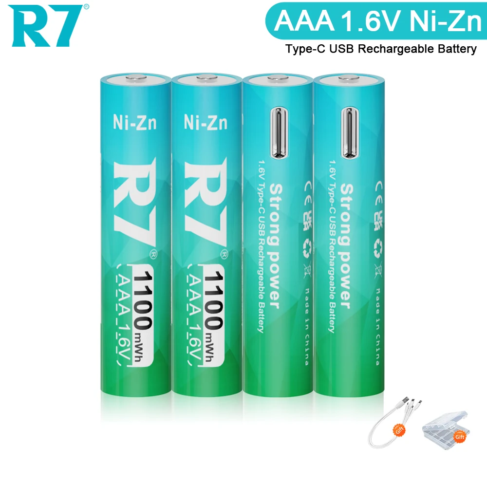 R7 Ni-Zn AAA 1100mWh 1.6V NiZn Bateria USB Akumulator aaa nizn do zabawek Inteligentna latarka z zamkiem drzwi + kabel Type-C