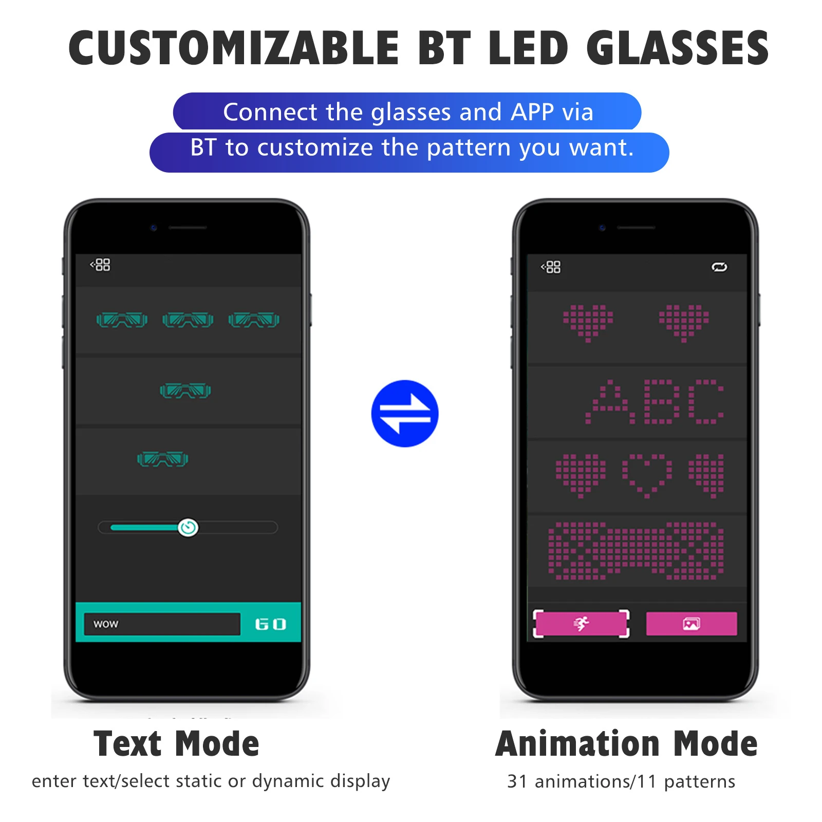 BT LED Glasses Customizable Colorful Light Glow Glasses DIY Messages Glow Toys for Halloween Party Rave Music Festival