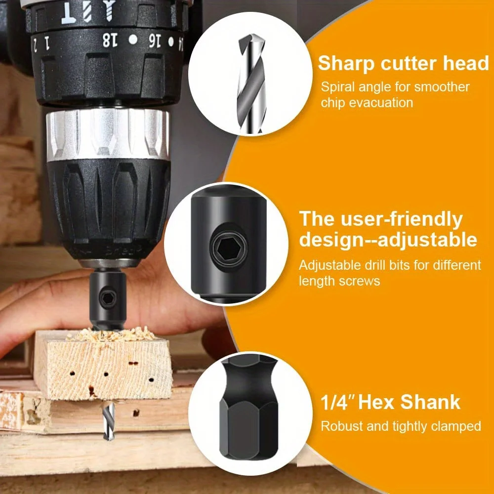 ชุดดอกสว่านเจาะรูแบบหัวจม 4 ชิ้น/5 ชิ้น พร้อมก้านหกเหลี่ยมขนาด 1/4 นิ้ว สำหรับงาน DIY เจาะไม้ และประแจแอล # 5 # 6 # 8 # 10 # ดอกสว่าน 12 ชิ้น