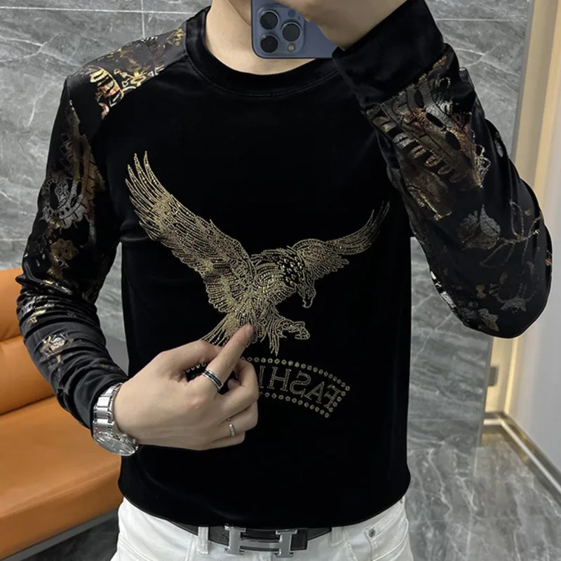 2023 Autumn Animal Eagle Luxury Gold Velvet Long Sleeved T-shirt Fashion Men\'s Personality Flower Sleeves Fashion Hot Diamond