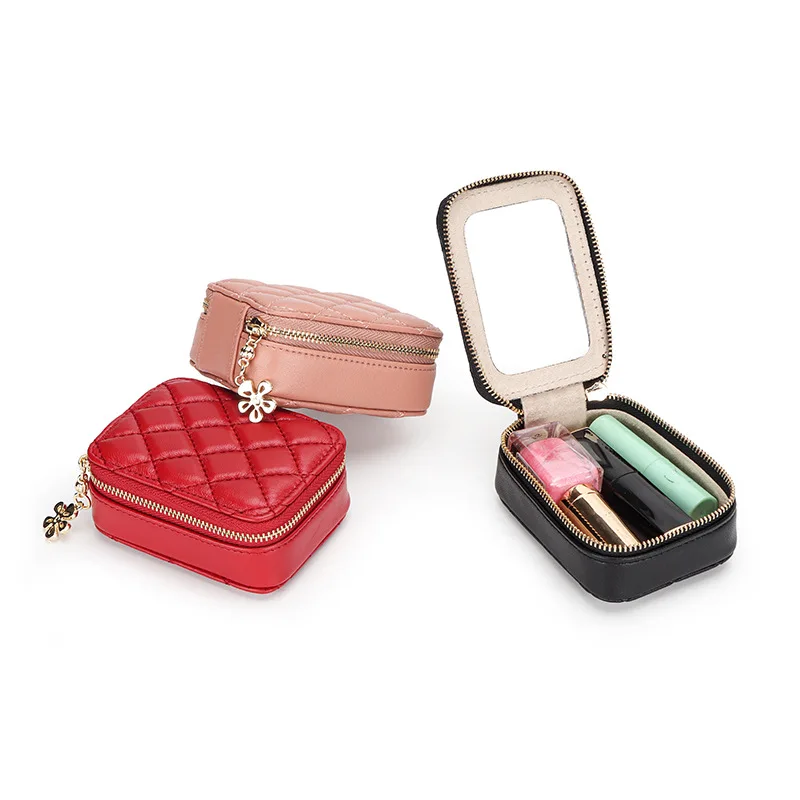 Lipstick Bag Sheepskin Leather Mini Portable Compact Makeup Belt Mirror Lipstick Box Ins Lingge Coin Coin Earphone Bag