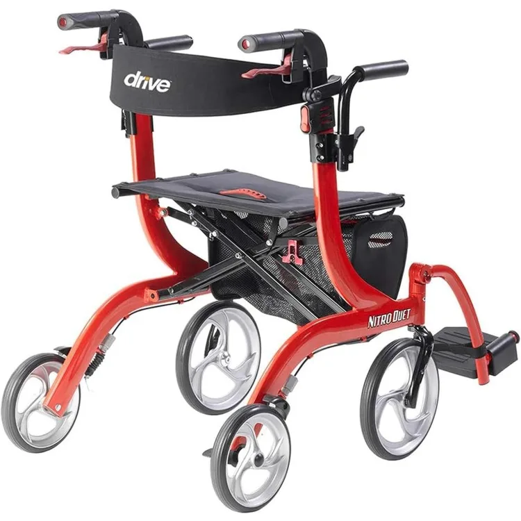 Nitro Dual Function Transport Wheelchair and Rollator Rolling Walker Combo with Hand Activated Brakes and Back Support, Red