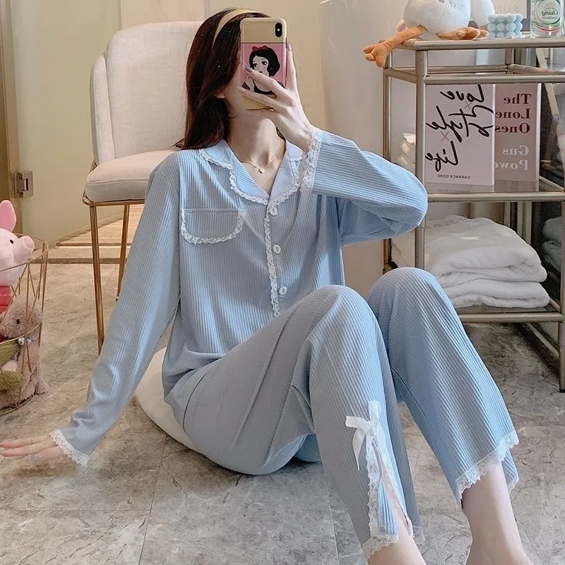 2024 New Pajama Women's Spring Autumn Pure Cotton Loungewear Long Sleeved Sleepwear Cardigan Sweet V-neck Loose Homewear Set