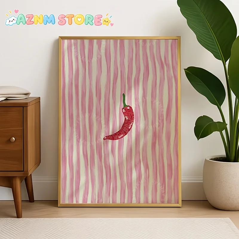 1PC 2D Flat  , Unframed, Chili Pepper Pattern Framed Painting, Kitchen Striped Wall Decor, Disco Ball Chili Poster, Fashion F
