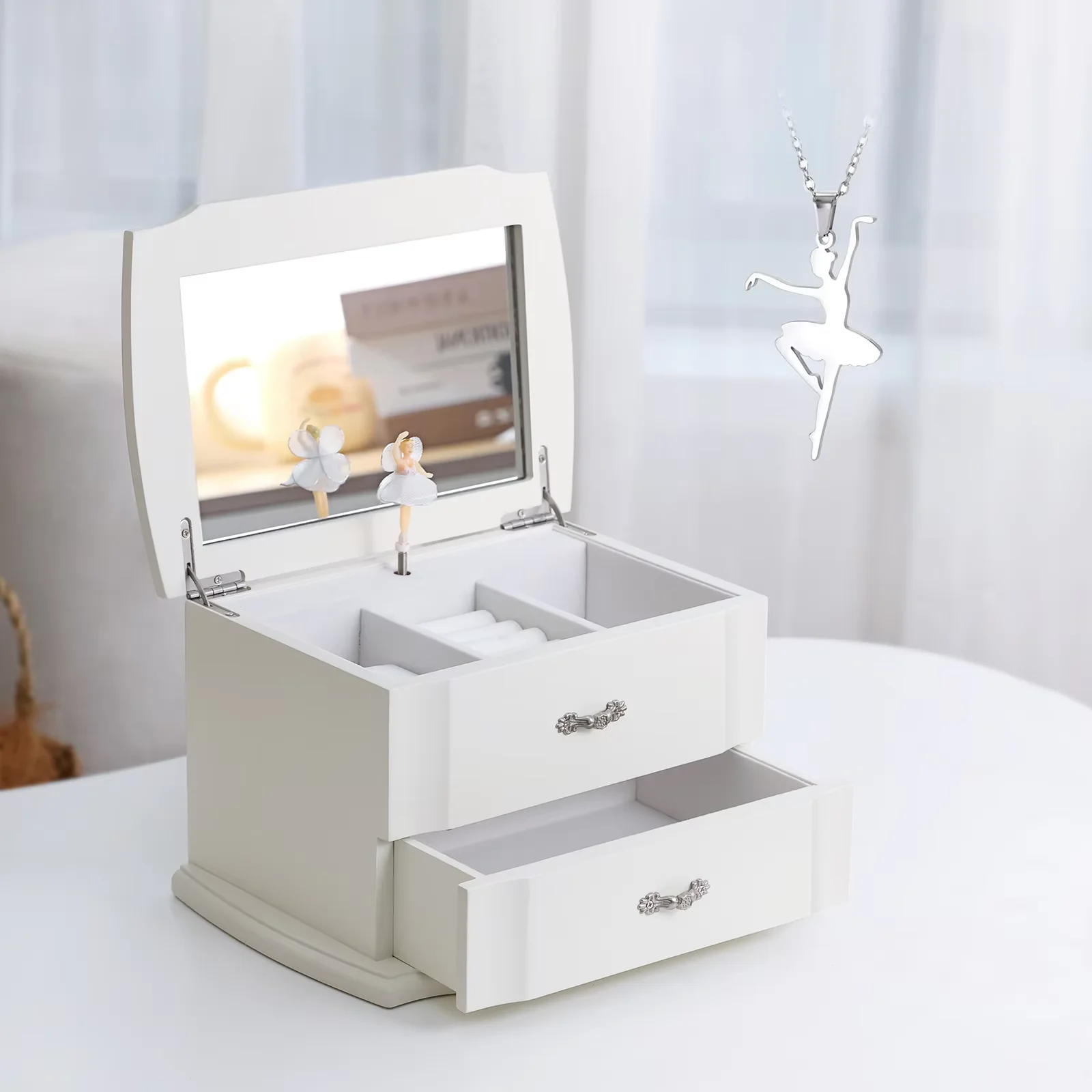 صندوق مجوهرات راقصة الباليه الموسيقي باللون الأبيض بطبقة مزدوجة من جوزين مع مرآة وقلادة للفتيات والنساء، موسيقى تخزين المجوهرات C