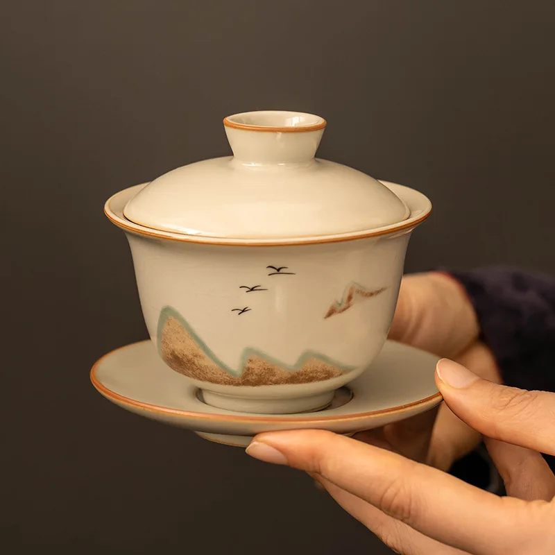 

Бежевая чаша Ru Kiln Yuanshan с крышкой, одинарная бытовая чайная чаша небольшой емкости с крышкой, китайский чайный сервиз кунг-фу, чайный молоток