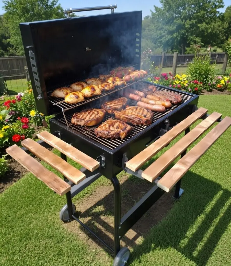 

BBQ Charcoal Grill with Stainless Steel and Wooden Side Shelves Large Outdoor Smoker on Wheels Turkey