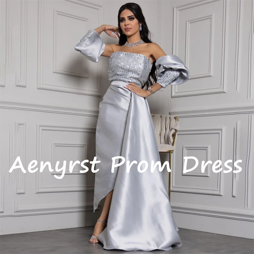 Aenryst Sliver Strapless Sequined Satin Evening Dresses Mermaid Slit Detachable Sleeves Prom Dress Tea Length Formal Party Gowns