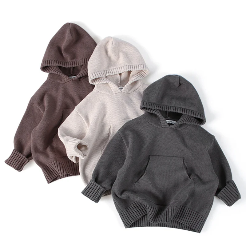 

Korean Style Autumn Winter 1-6Yrs Kids Knitting Clothing Solid Color Hooded Casual Loose Pullover Baby Boys Girls Sweater