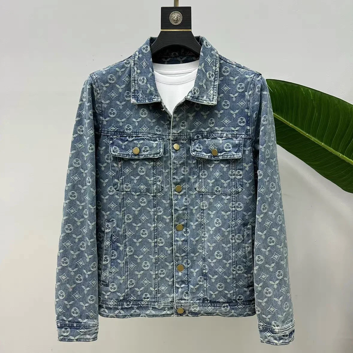 2024 Spring New Men's High end Denim Jackets Fashion Versatile Trendy Retro Jacquard Casual Flip Collar Jackets Top