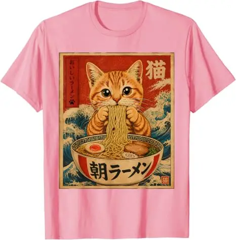 Lustiges Katzen-Ramen-Grafik Retro Japanisches Kawaii Anime Nudel T-Shirt Y2k Cartoon Weiches Baumwoll-T-Shirt für Frauen Männer Harajuku Tees – Detail 8