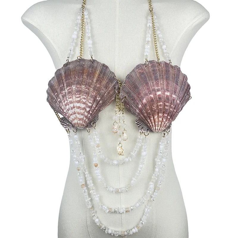 

Openwork Spicy Girl Backless Body Chain Necklace Handmade Beaded Shell Necklace Beach Resort Music Festival Party Accessories
