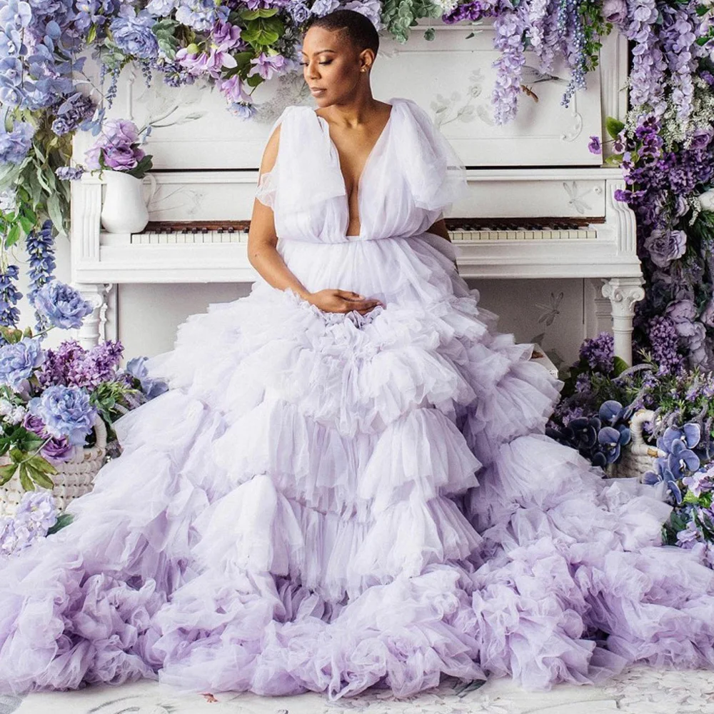 

Deep V-neck Prom Dress Layered Evening Dresses Light Purple Ruffled Elegant Woman Dress Floor Length Luxury Dress For Wedding
