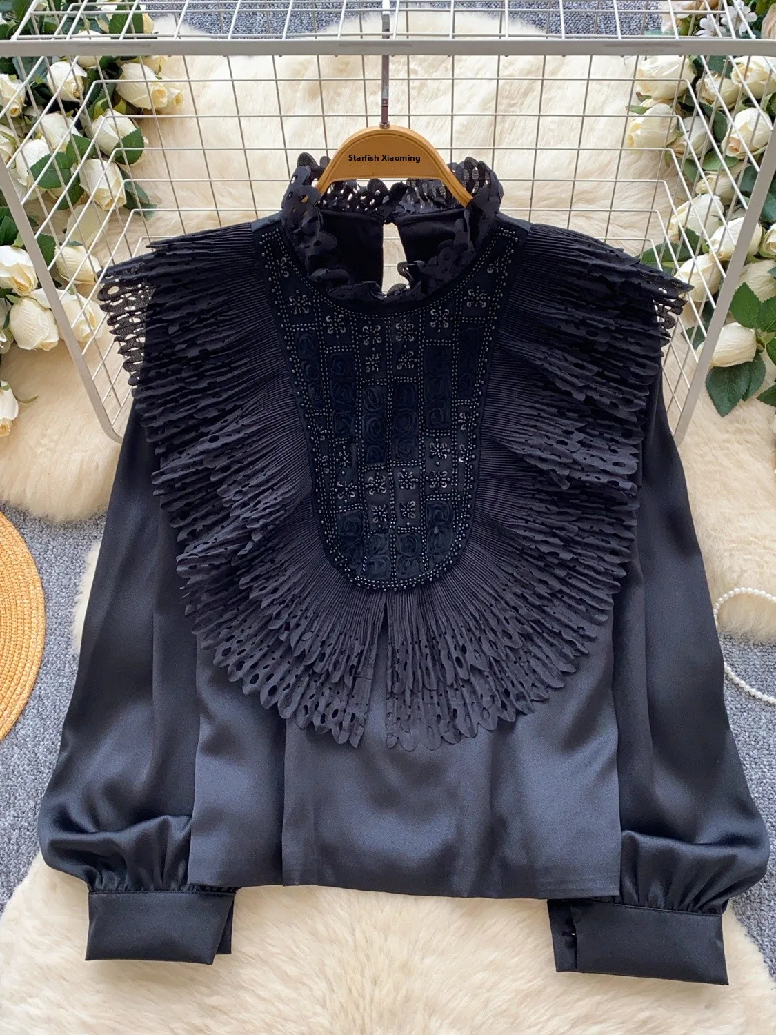 

Ele Long Sve Embroidered Bead Blouse Women's Faion Heavy Work Patchwork irt Court Sle Polyester Fiber Breathable...