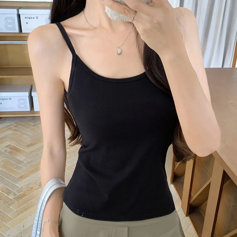 Women Sling Vest U Neck Solid Color Cotton Slim Fit Sleeveless Camisole Summer Sweet Spice Girl Inner Outer Bottoming Top