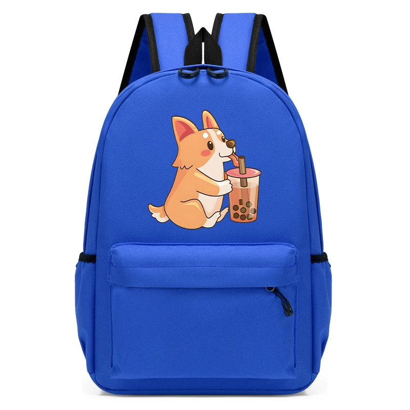 Children Schoolbag Corgi Dog with Bubble Tea Boba Cartoon Backpack School Backpack Back To School Book Bags Kid Anime Schoolbag