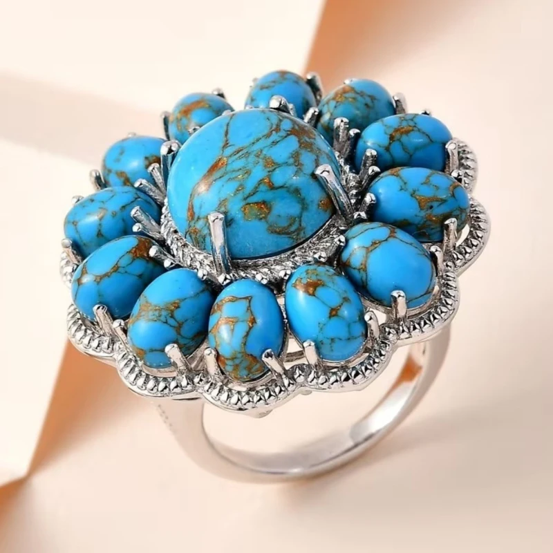 Modischer Synthetischer Türkis Silberbeschichteter Blumenförmiger Ring Damen Vintage Eleganter Stilvoller Party-Schmuck