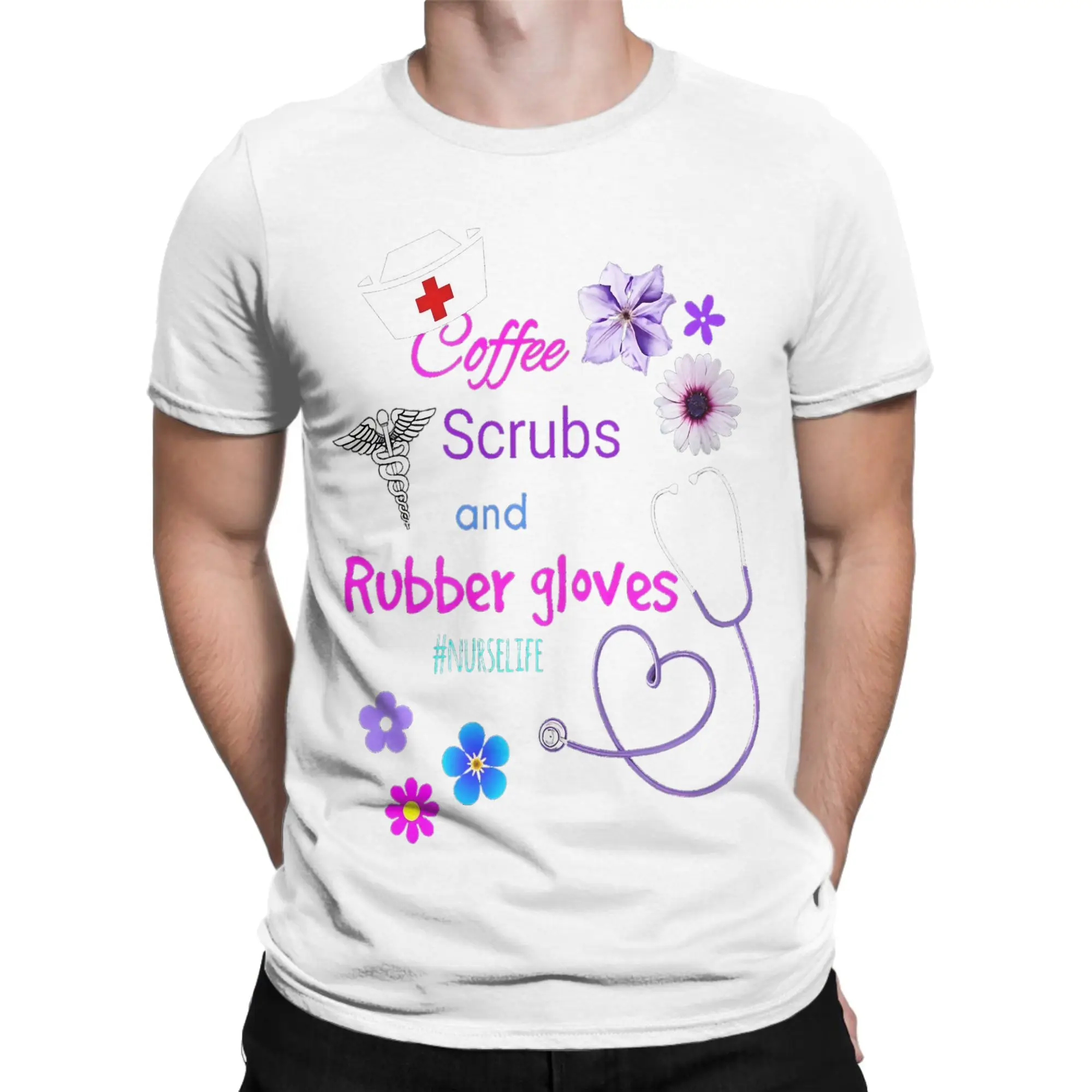 Nurse Coffee Scrubs And Rubber Gloves T Shirt Men Cotton Tops Aesthetic  O-neck Short Sleeve