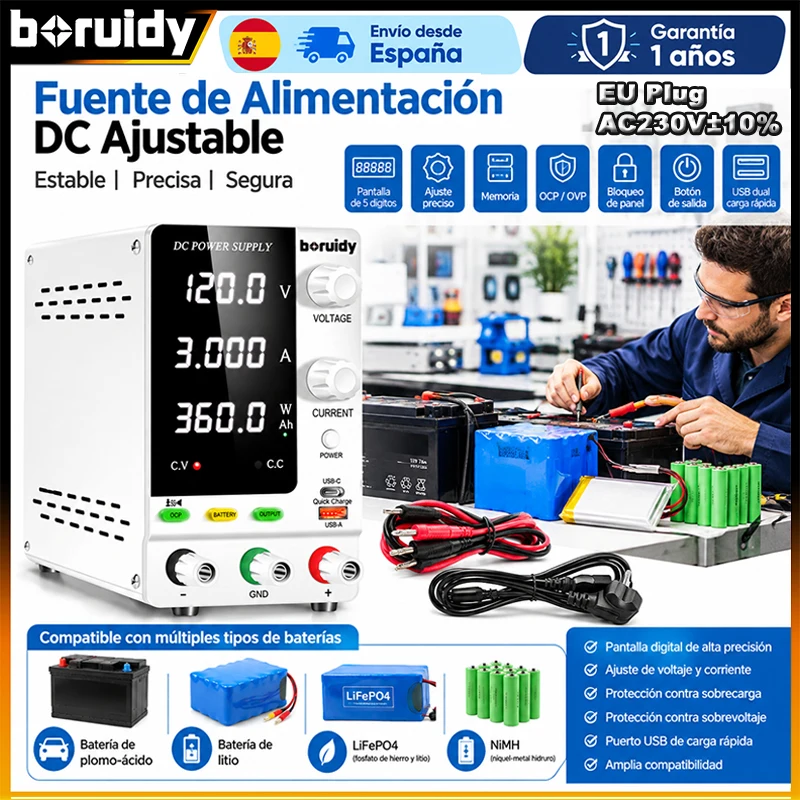 Boruidy Batterieladegerät DC-Stromversorgung, einstellbar 12V 24V 30V 48V 60V 100V 120V mit C.C/C.V OCP, Echtzeit-Anzeige, automatische Abschaltung bei vollständiger Aufladung, Batterieaktivierung für