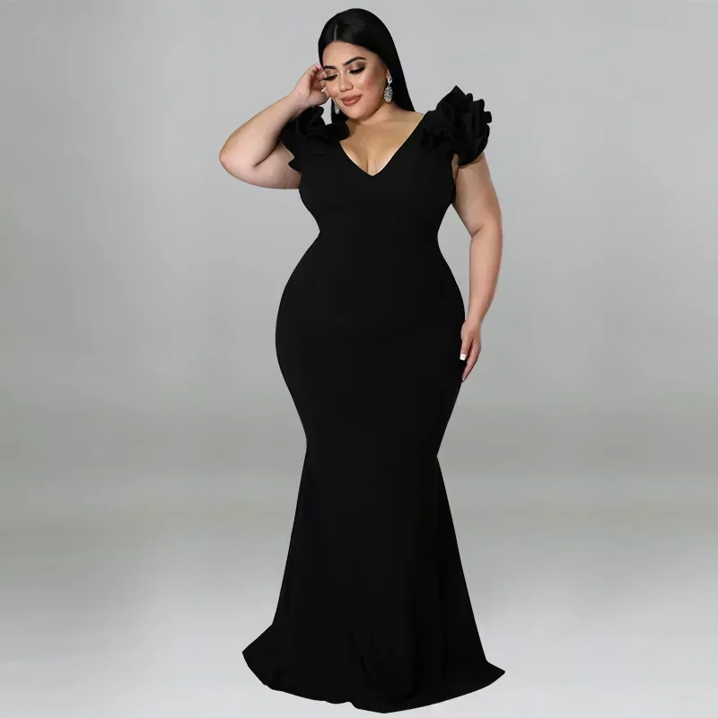 

MY961 European and American fashion plus size women's clothing, new sexy lotus leaf sleeve wrapped hip backless dress dress