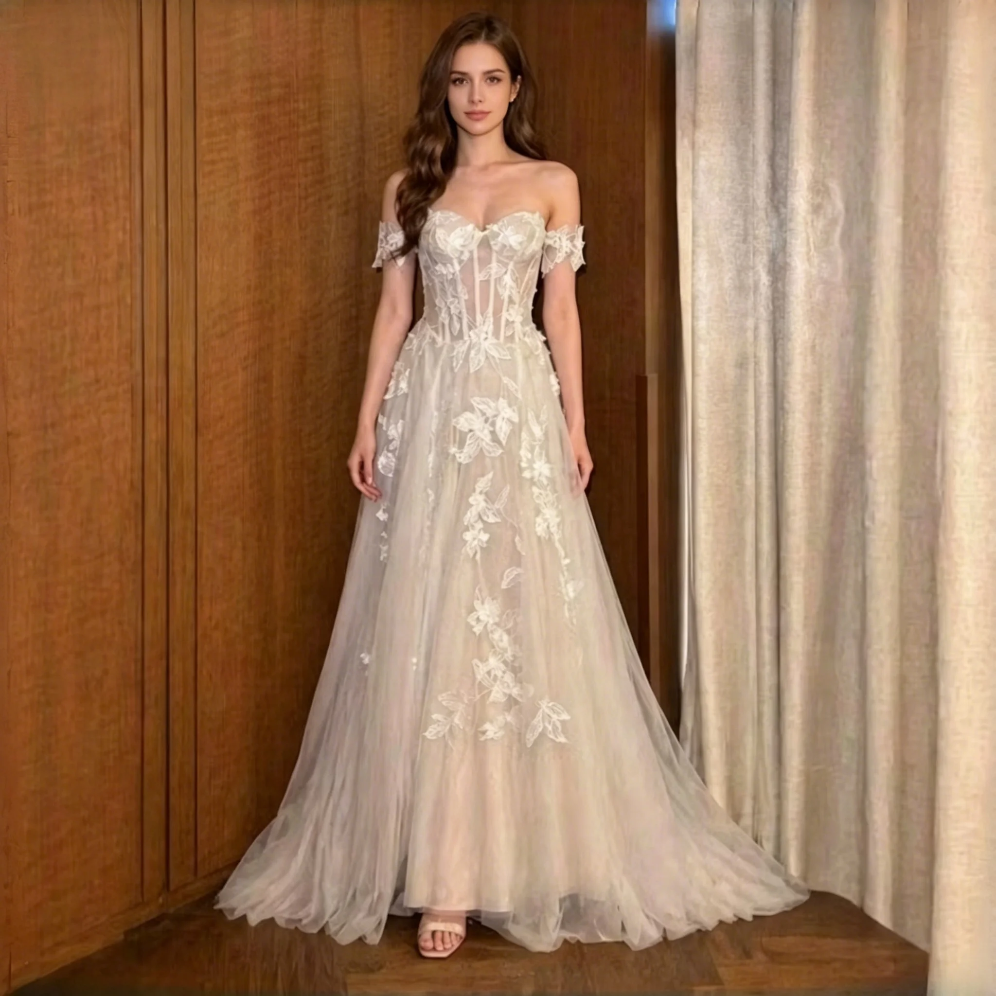 Off The Shoulder Tulle A Line Corset Appliqued Wedding Dress In Lvory Corset Bodice With Off Shoulder Lace Sleeves Evening Gowns