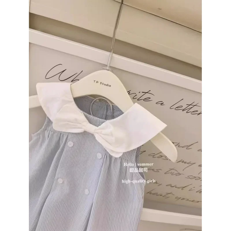 

Korean Children's Dress2024Summer New Girl's Western Style Back Girl's Sailor Collar Bow Princess DressWS