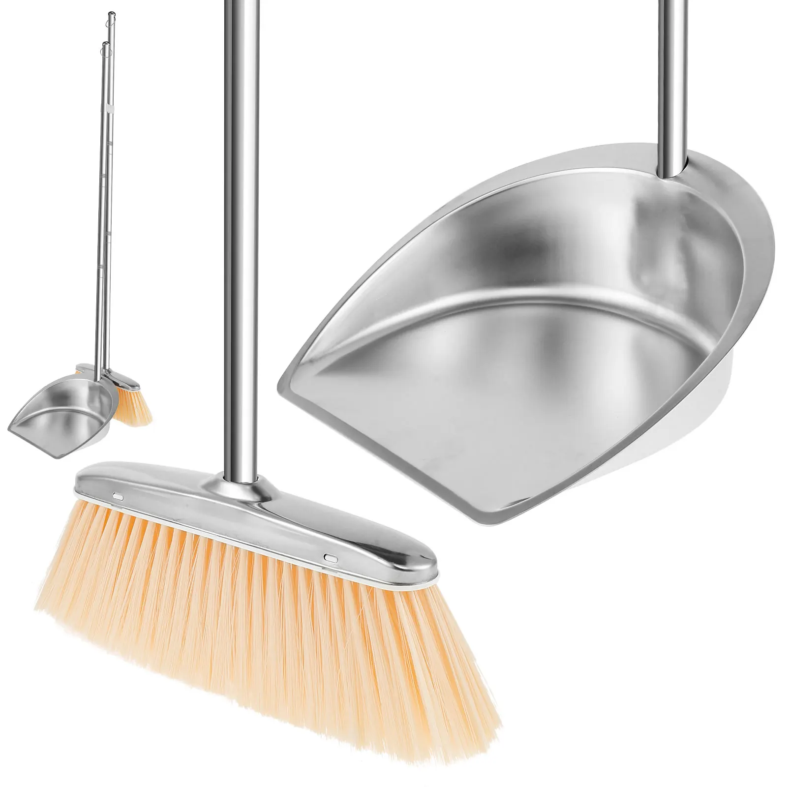 Stainless Steel Broom Dustpan Set Upright Broom Dustpans with Long Handle Heavy Duty Dustpan Broom Combo Set Portable  Sweeper