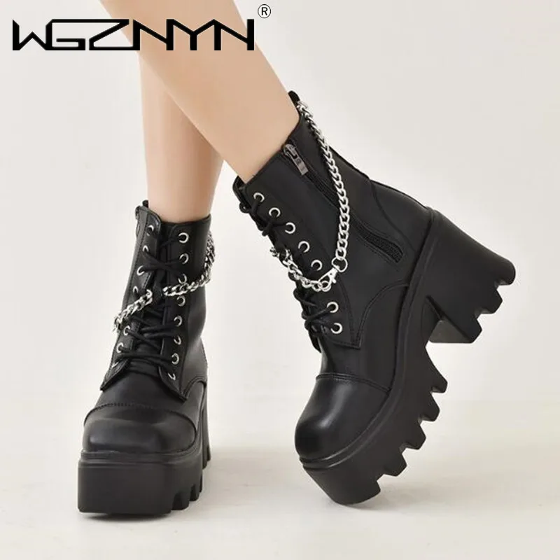 Women\'s Boots Chunky Hee Ladies Shoes Platform Zipper Buckle Leather Booties Punk Women Shoes Trend 2025 Sneakers Ankle Boots