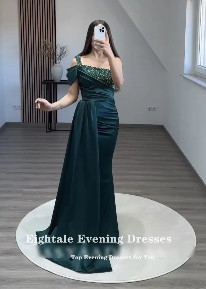 Eightale Dark Green Formal Occasion Evening Dresses Beaded Mermaid Satin Long Customized Wedding Party Prom Gown robes de soirée