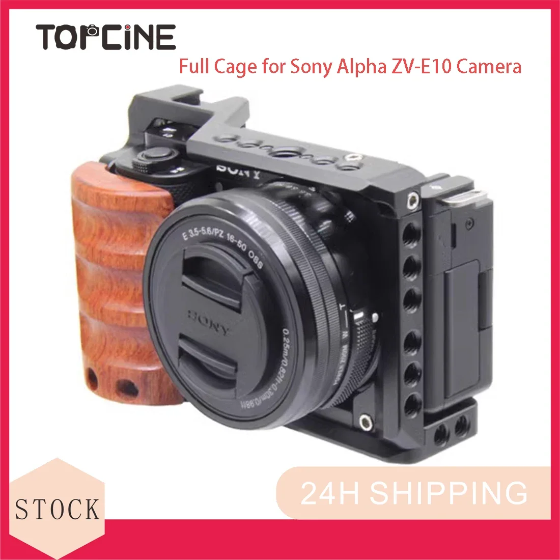 Topcine Camera Cage Sony ZV-E10 Full  with Wooden Handgrip for  Alpha ZVE10, Aluminum  Rig Photography Accessory