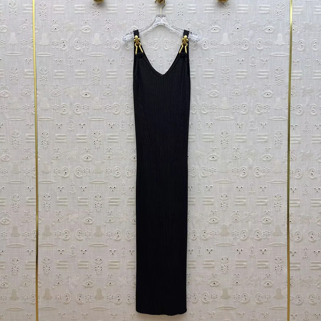 

New Fashion Knitted Bandage Long Spaghetti Strap Dress Women Gold Hole Decoration V-neck Sleeveless Split Sexy Maxi Party Dress