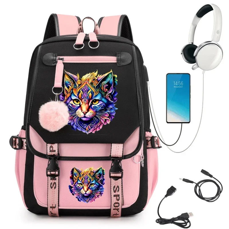 Mochila escolar con estampado de gato de acuarela para niñas, Bolsa Escolar de dibujos animados a la moda para estudiantes, adolescentes, mochila para computadora portátil para adolescentes