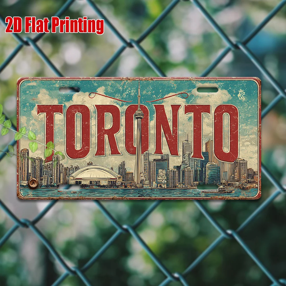 Toronto Metal License Plate - Vintage Retro Toronto Skyline Wall Decor with Red Lettering - Heavy-Duty Aluminum Sign for Garag