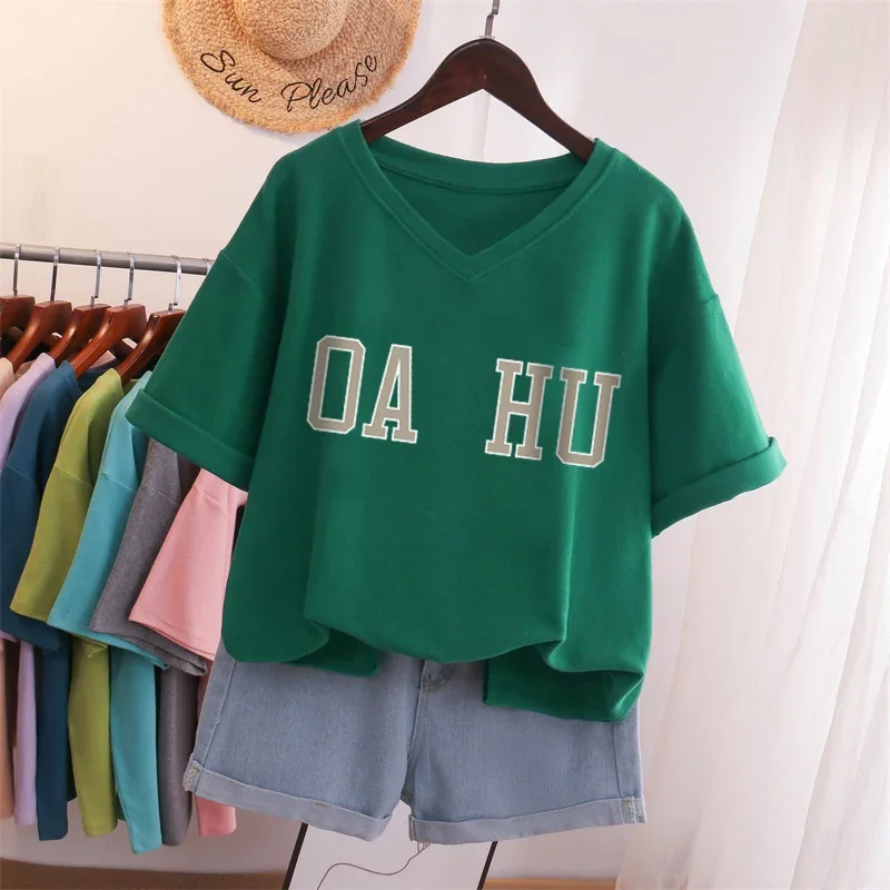 EBAIHUI100% bawełna L-5XL Plus Size T Shirt Letter Print Tshirt z krótkim rękawem Top damski Summer Couple V Neck Oversized T Shirts