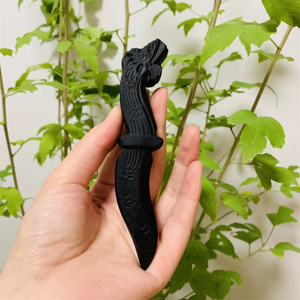 Natural obsidian frosted hollow head dagger crystal handmade carving knife craft men's gift magic talisman sword witch supplies