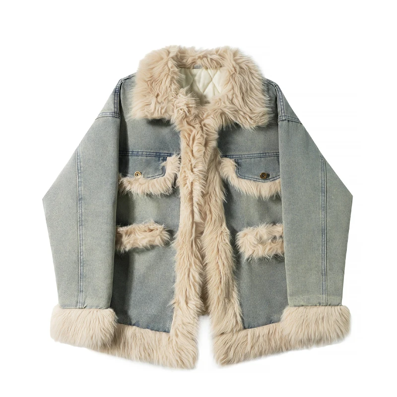 

Furry Neck Splicing Denim Jacket Women Autumn Winter New Korean Style Casual Loose Quilted Jacket Thicken High End Warm Coats