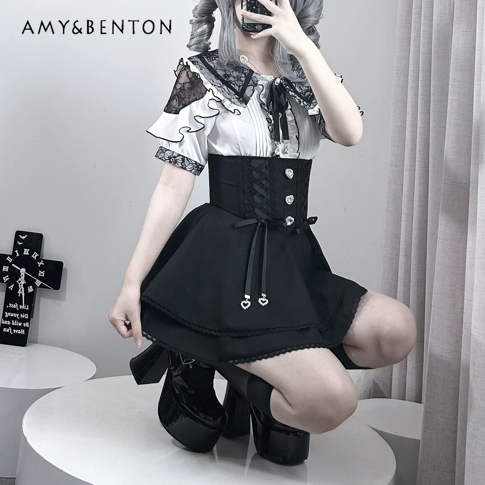 Japanese Lolita Mine Series Double Layer Lace Doll Collar Rhinestone Short Sleeve Sweet Off Shoulder Mass Production Shirt Women