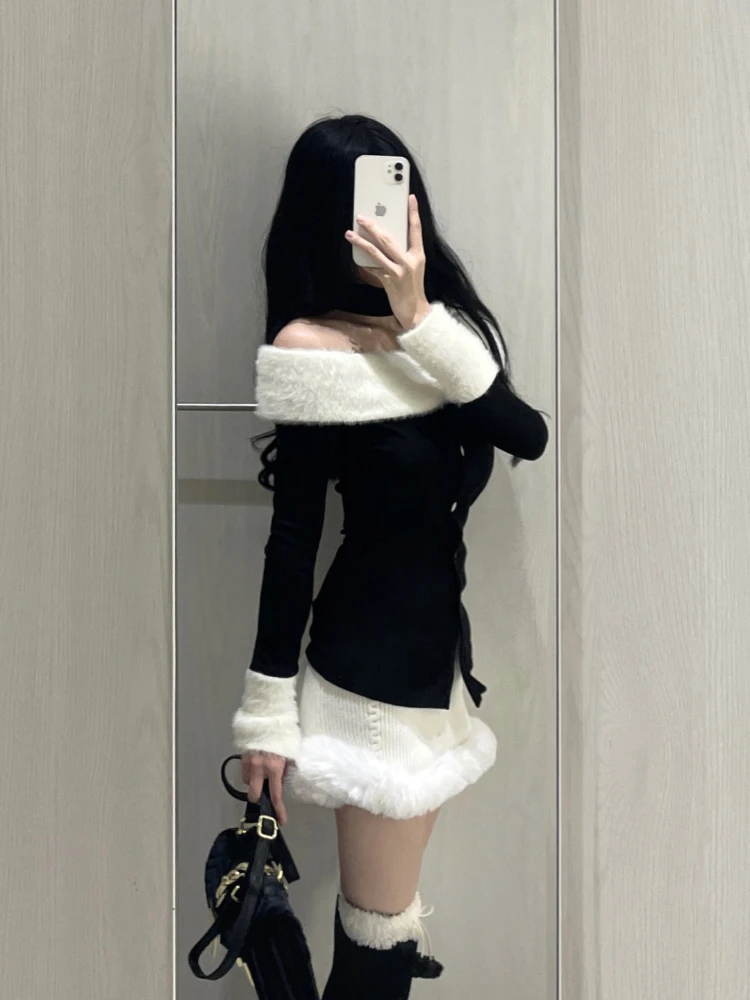 Chic Slash Neck Patchwork Knitted Pullovers Women Sexy Fashion All-match Slim Long Sleeve Tops Ladies Sweet Hot Knitwear Soft BF