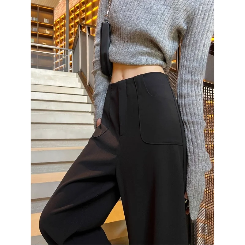 Celana Setelan Abu-abu Wanita Pinggang Tinggi Musim Semi Musim Panas Baru Kasual Kaki Lebar Terkulai Kerja Lurus Malas