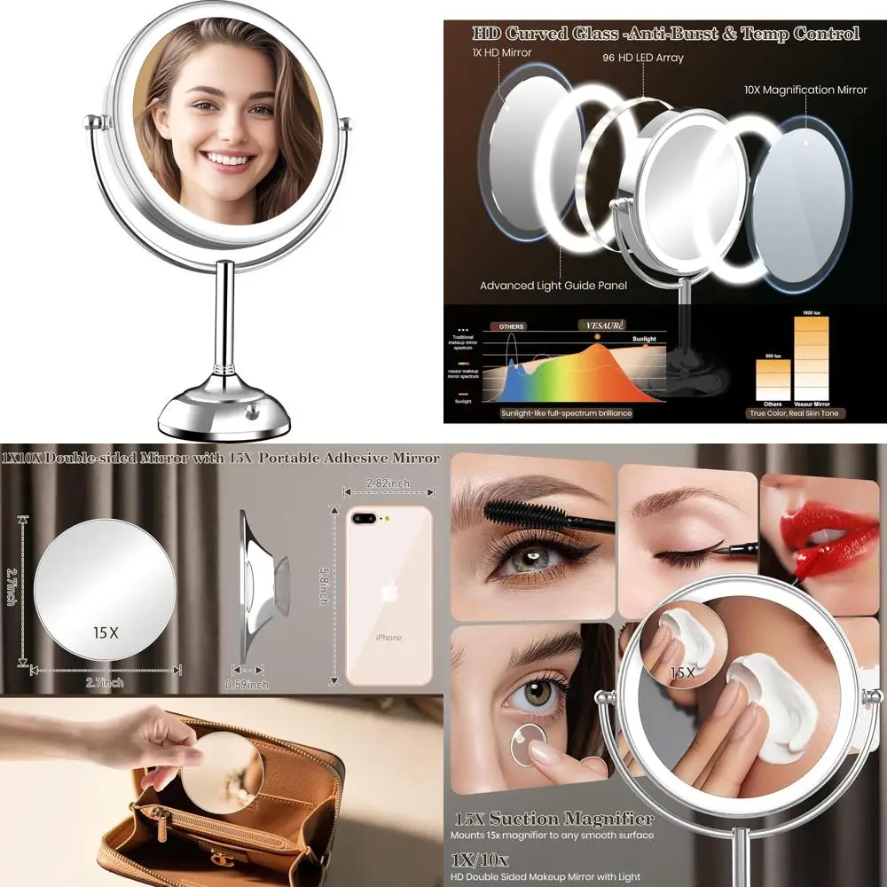 

Large 17 Tall Lighted Makeup Mirror with 11 Diameter, Dual-Sided Magnifying 1X/10X and 15X Suction Mirror, 3 Color Adjustable Li