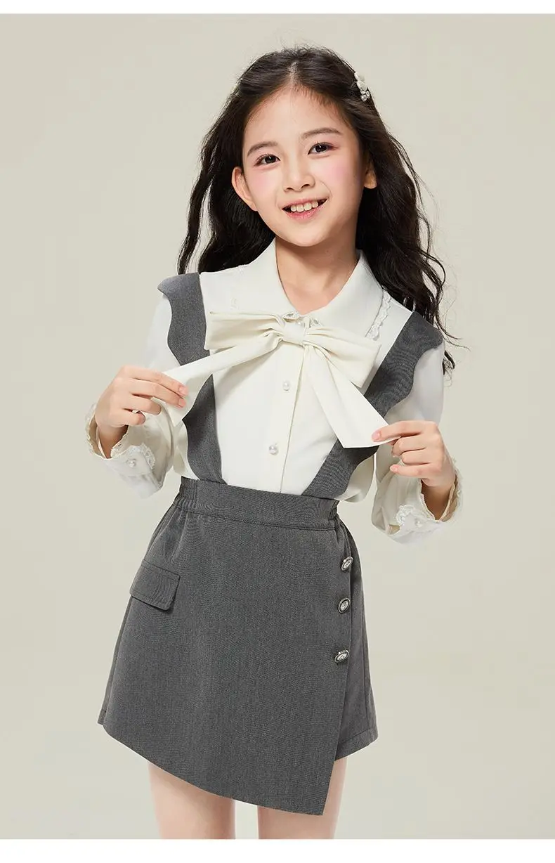 

New Baby Girls Teenage Formal Lady Sets, White Bow Blouse + Suspend Shorts Princess Elegant Suits 4-12 T