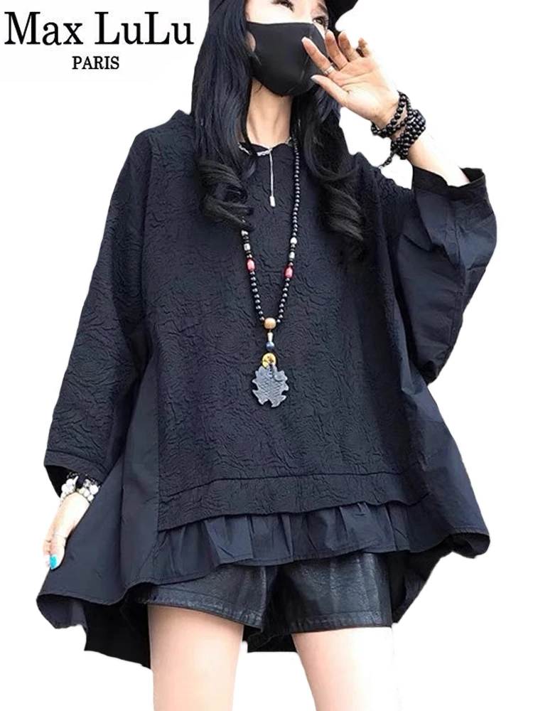 

Max LuLu Fashion Womens O-Neck Design Black Punk T-shirts 2024 Spring European Style Patchwork Gothic Loose Tops Casual Clothes